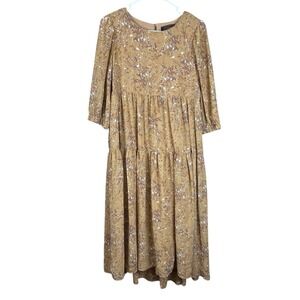 Code‎ Mode Womens Tan Floral Tiered Dress Sz XS Extra Small Cottagecore Natural